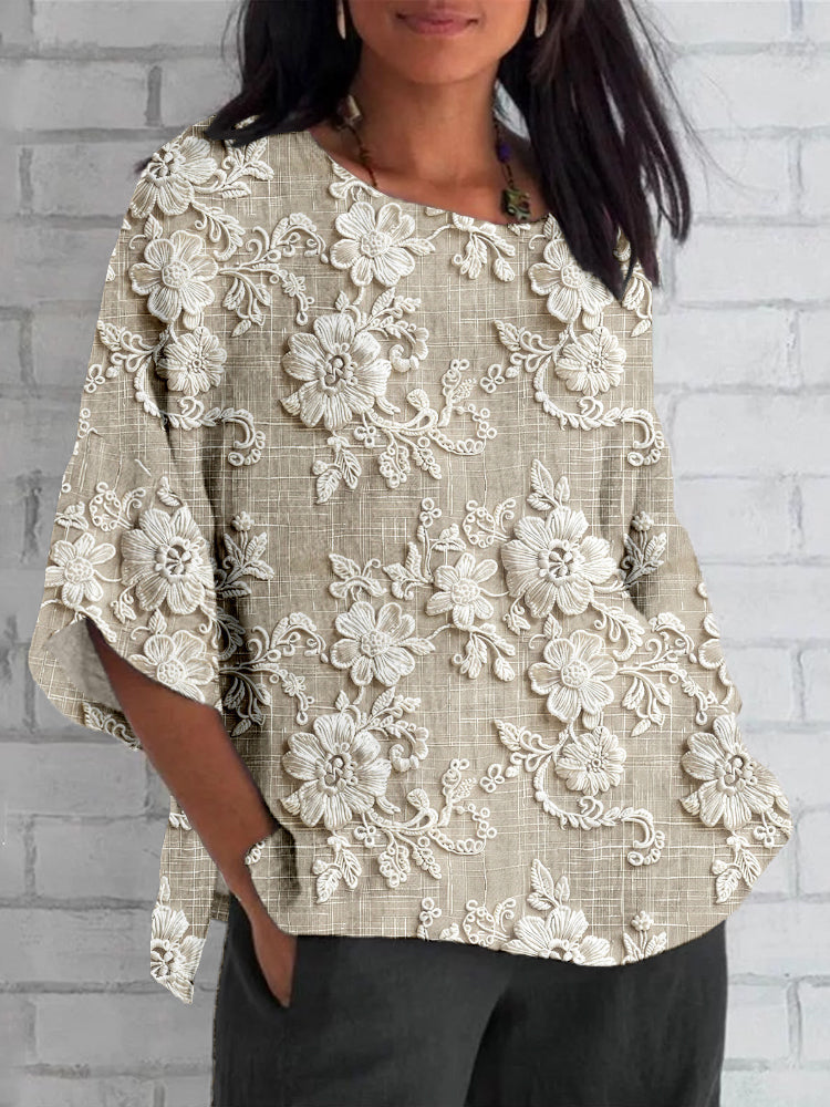 Womens Floral Top with Three-Quarter Sleeves in Linen-Look Fabric