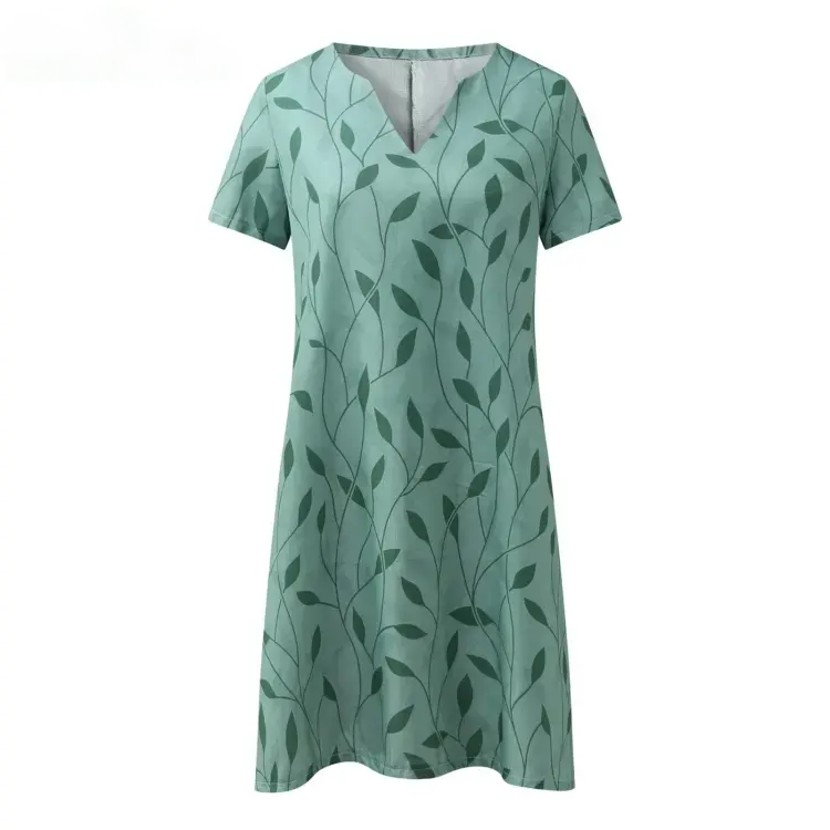 Womens Flowy Dress with Leaf Print in Lightweight Woven Fabric