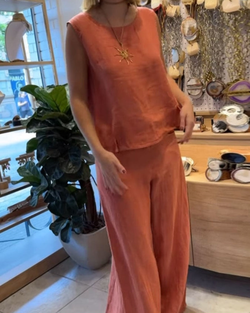 Womens Linen Co Ord Set with Sleeveless Top and Wide Leg Trousers