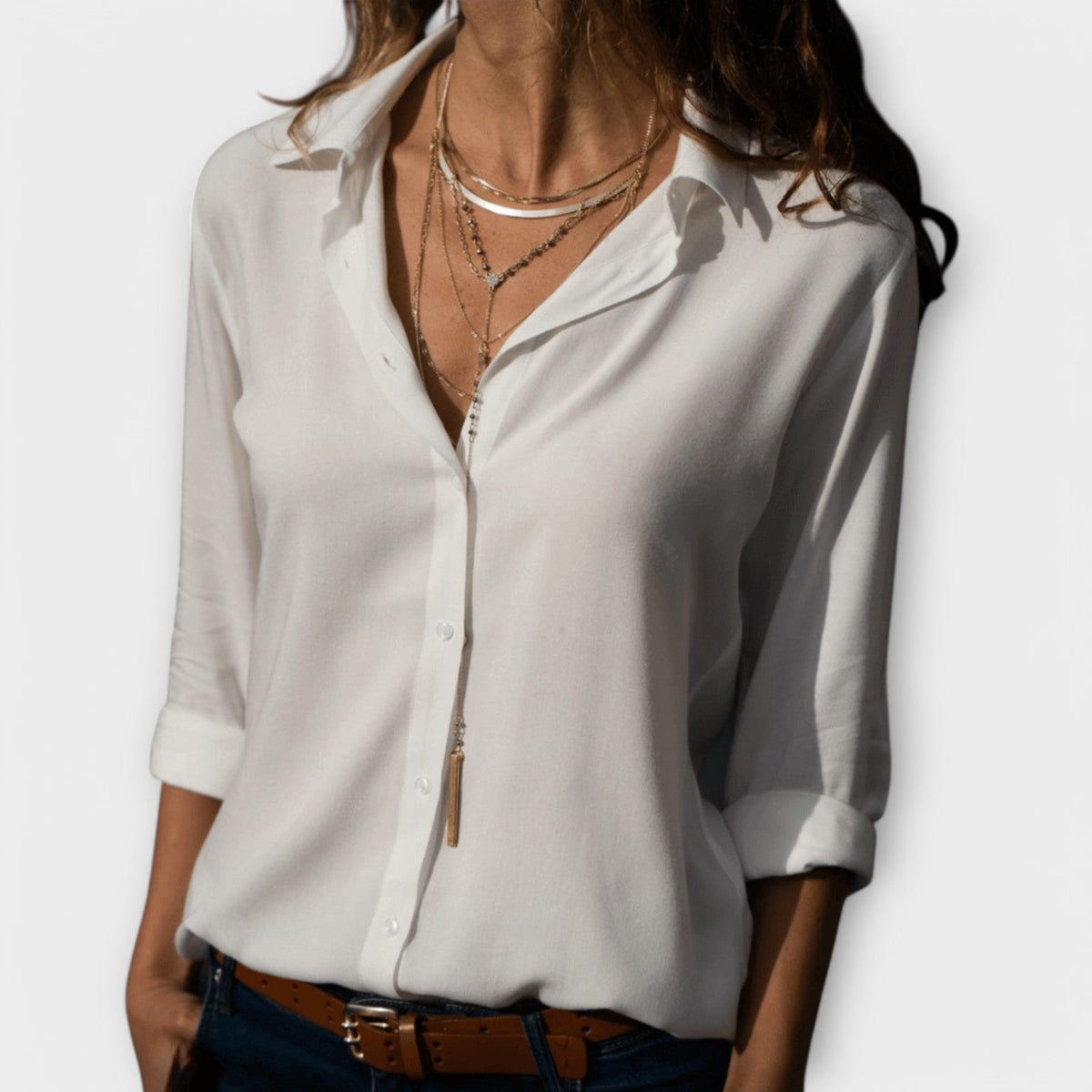 Womens Long Sleeve Blouse with Collar and Buttons in Woven Fabric