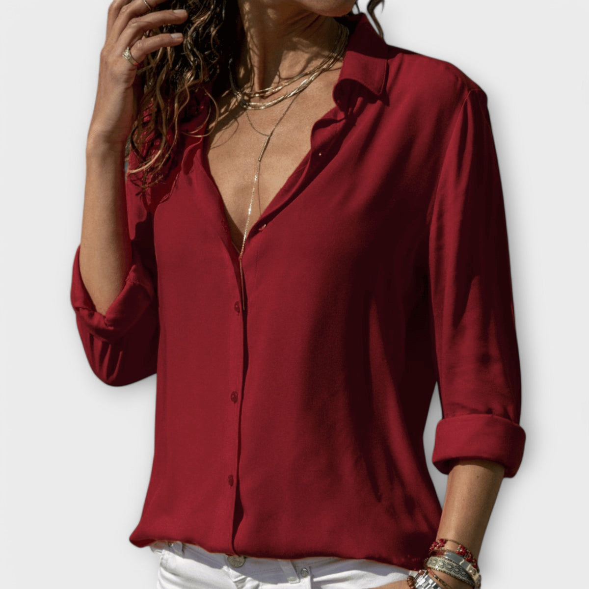 Womens Long Sleeve Blouse with Collar and Buttons in Woven Fabric