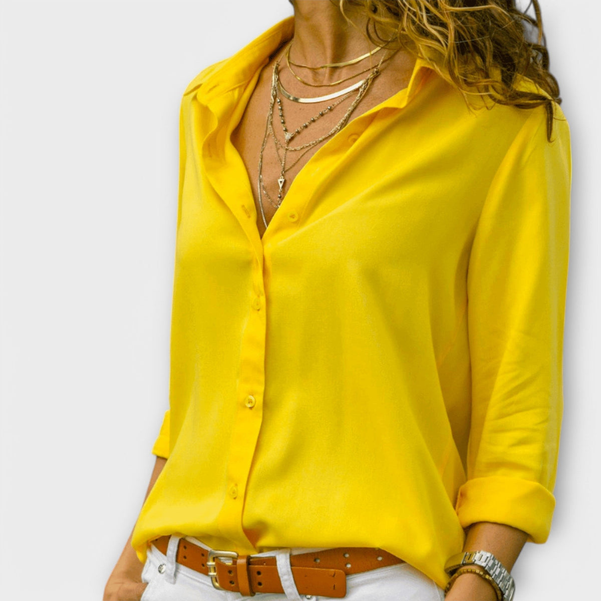 Womens Long Sleeve Blouse with Collar and Buttons in Woven Fabric