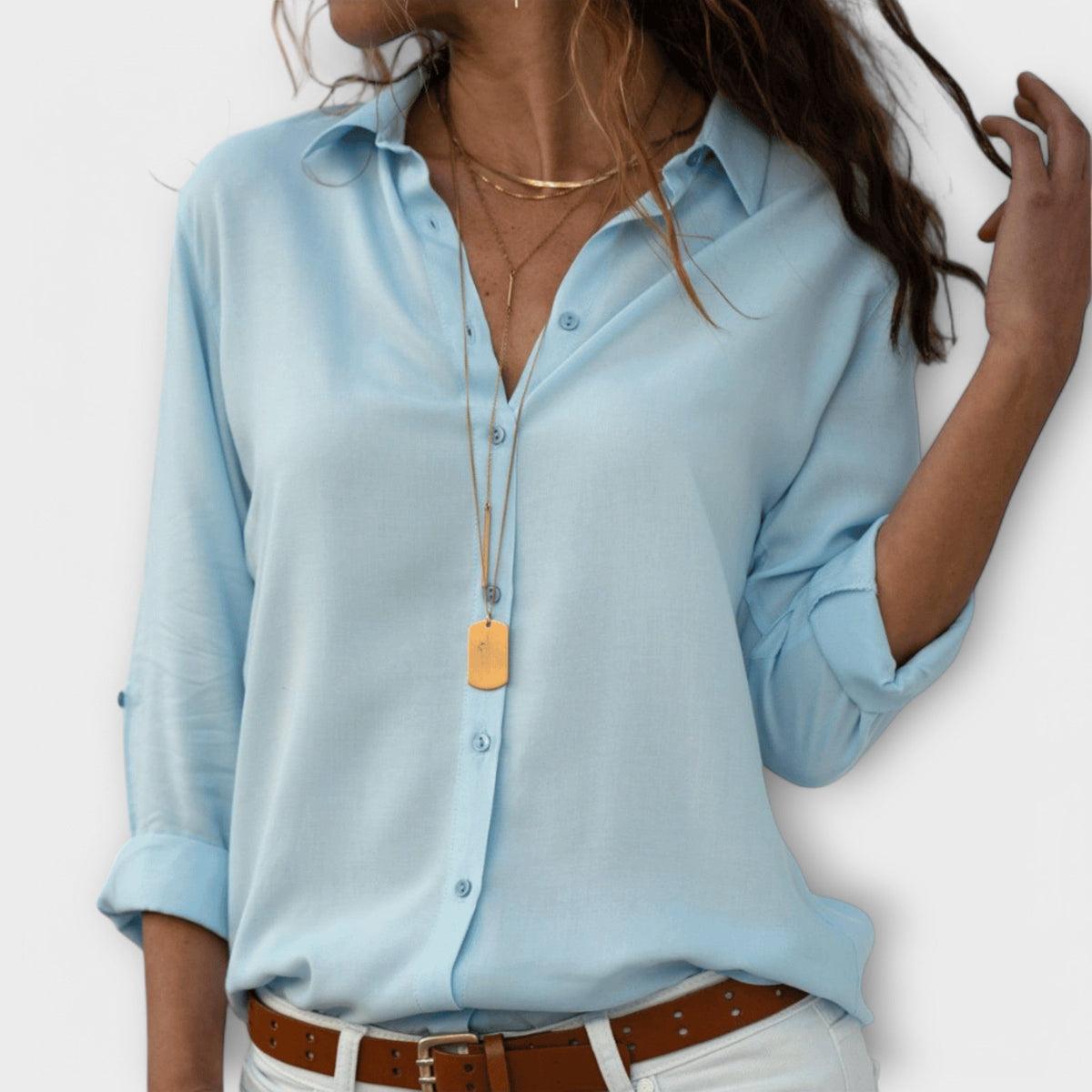 Womens Long Sleeve Blouse with Collar and Buttons in Woven Fabric