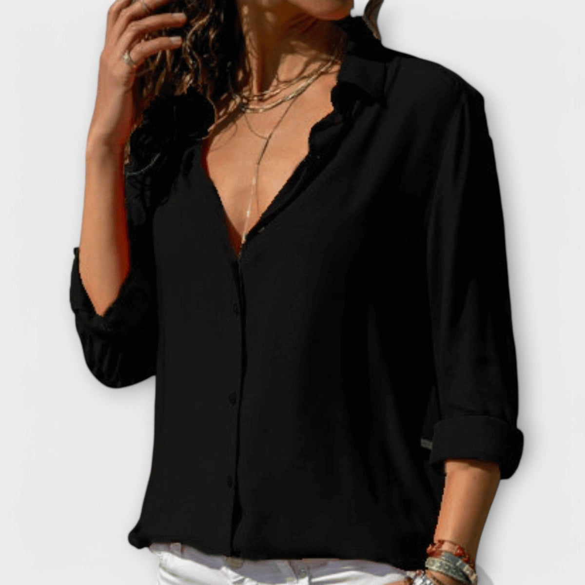 Womens Long Sleeve Blouse with Collar and Buttons in Woven Fabric