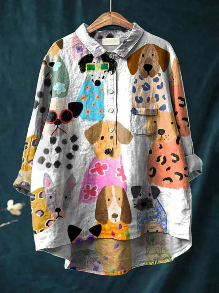 Womens Long Sleeve Blouse with Novelty Prints and a High-Low Hem