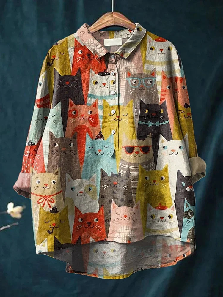 Womens Long Sleeve Blouse with Novelty Prints and a High-Low Hem