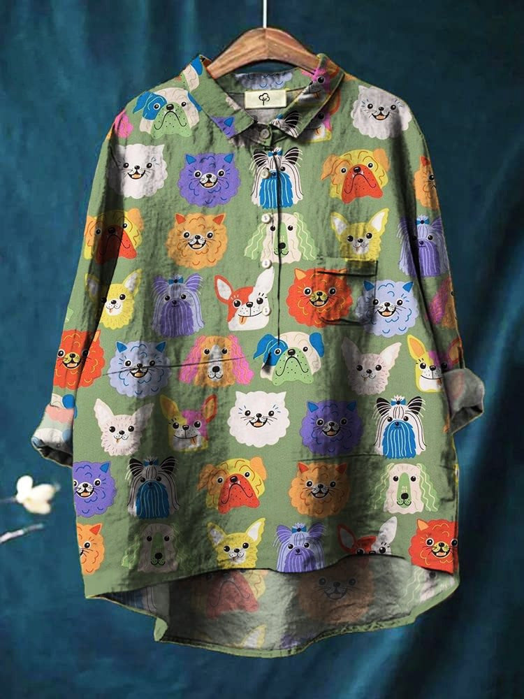 Womens Long Sleeve Blouse with Novelty Prints and a High-Low Hem