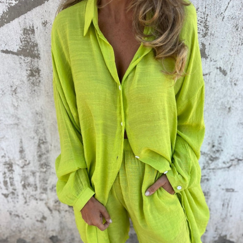 Womens Linen Shorts Set with Oversized Shirt and Long Sleeves