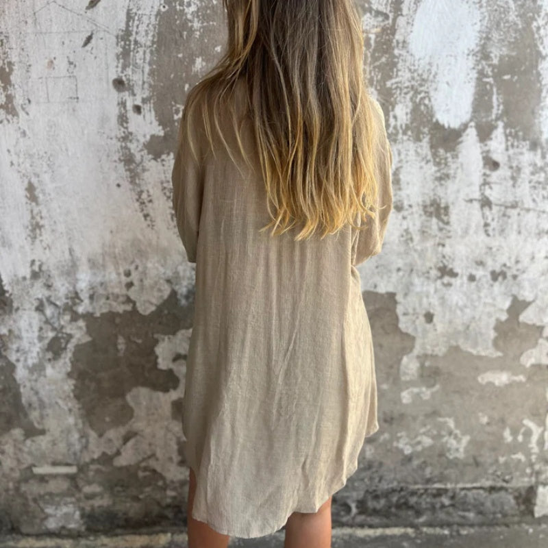 Womens Linen Shorts Set with Oversized Shirt and Long Sleeves