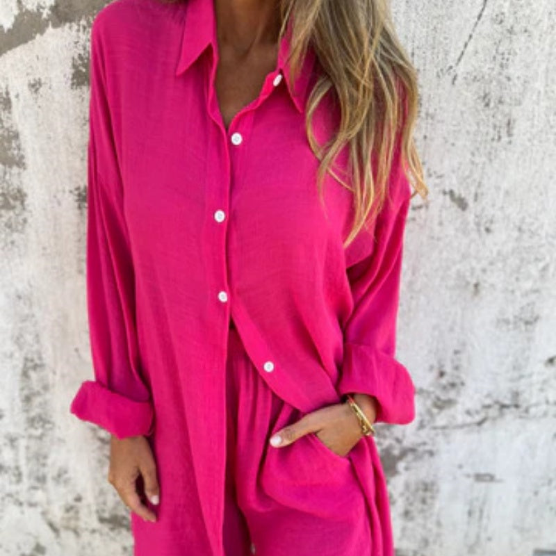 Womens Linen Shorts Set with Oversized Shirt and Long Sleeves