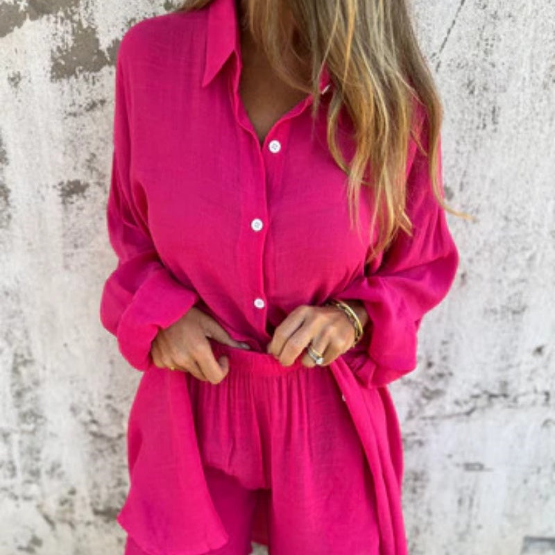 Womens Linen Shorts Set with Oversized Shirt and Long Sleeves