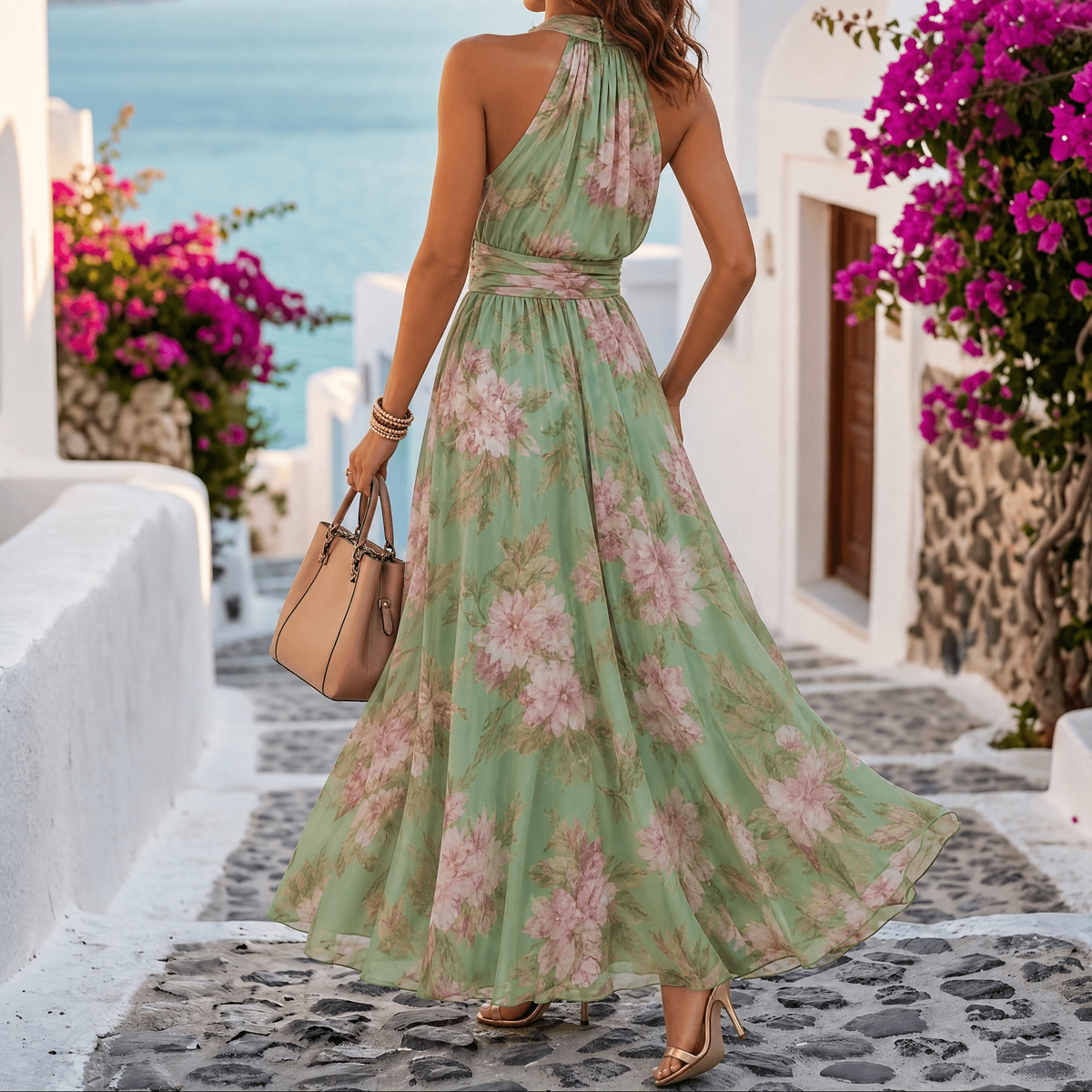 Womens Maxi Dress with Floral Print, Halter Neck and Gathered Waist