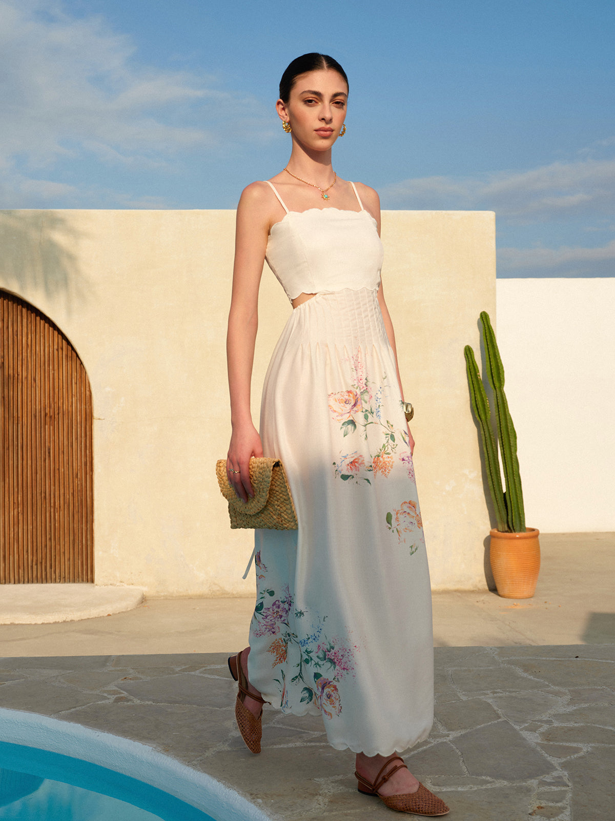 Womens Maxi Dress with Floral Print, Lace-Up Back and Scalloped Hem