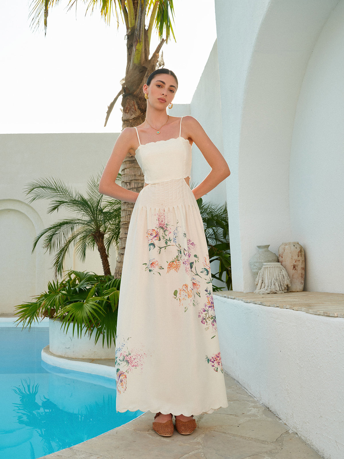 Womens Maxi Dress with Floral Print, Lace-Up Back and Scalloped Hem