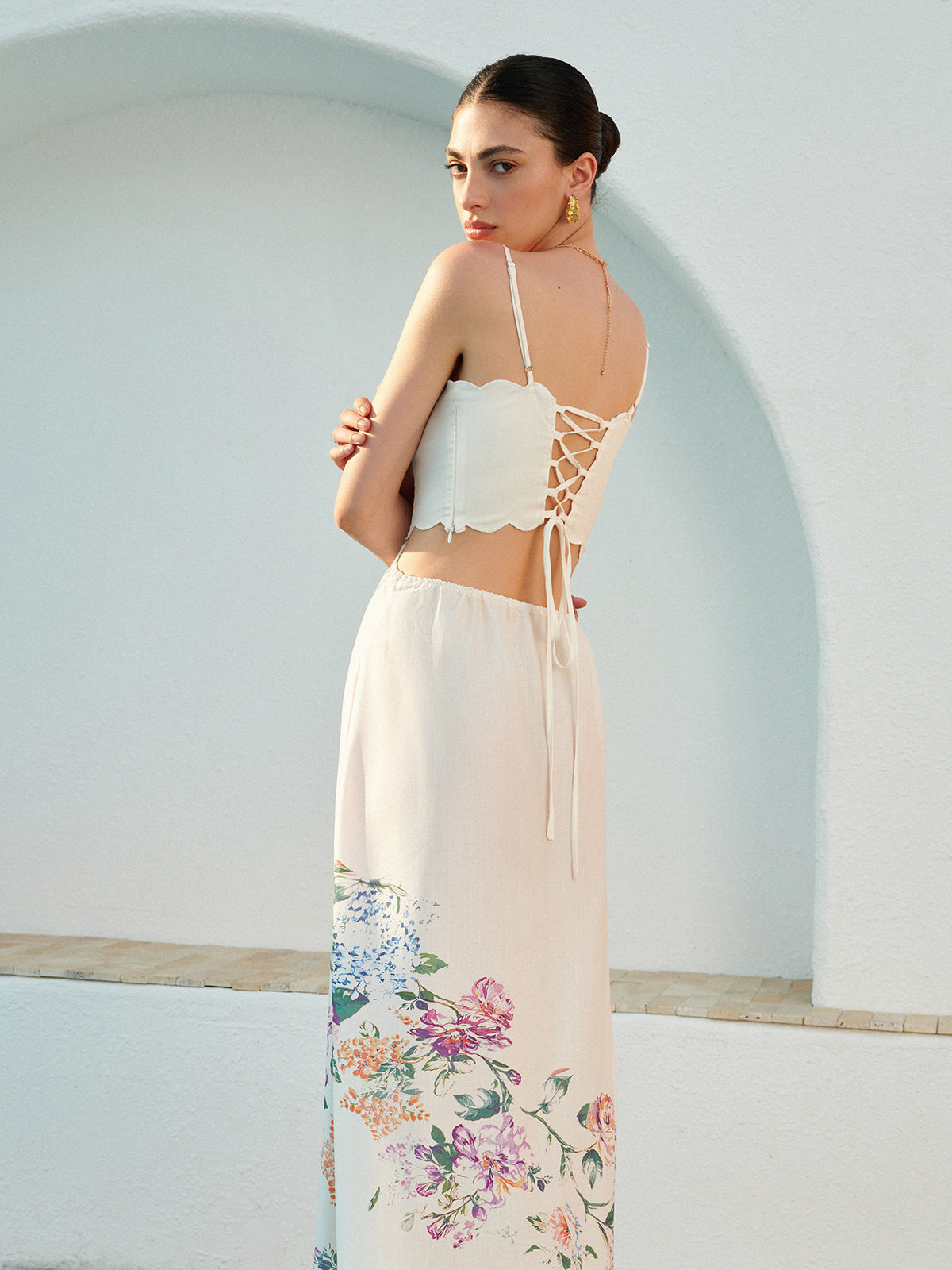 Womens Maxi Dress with Floral Print, Lace-Up Back and Scalloped Hem