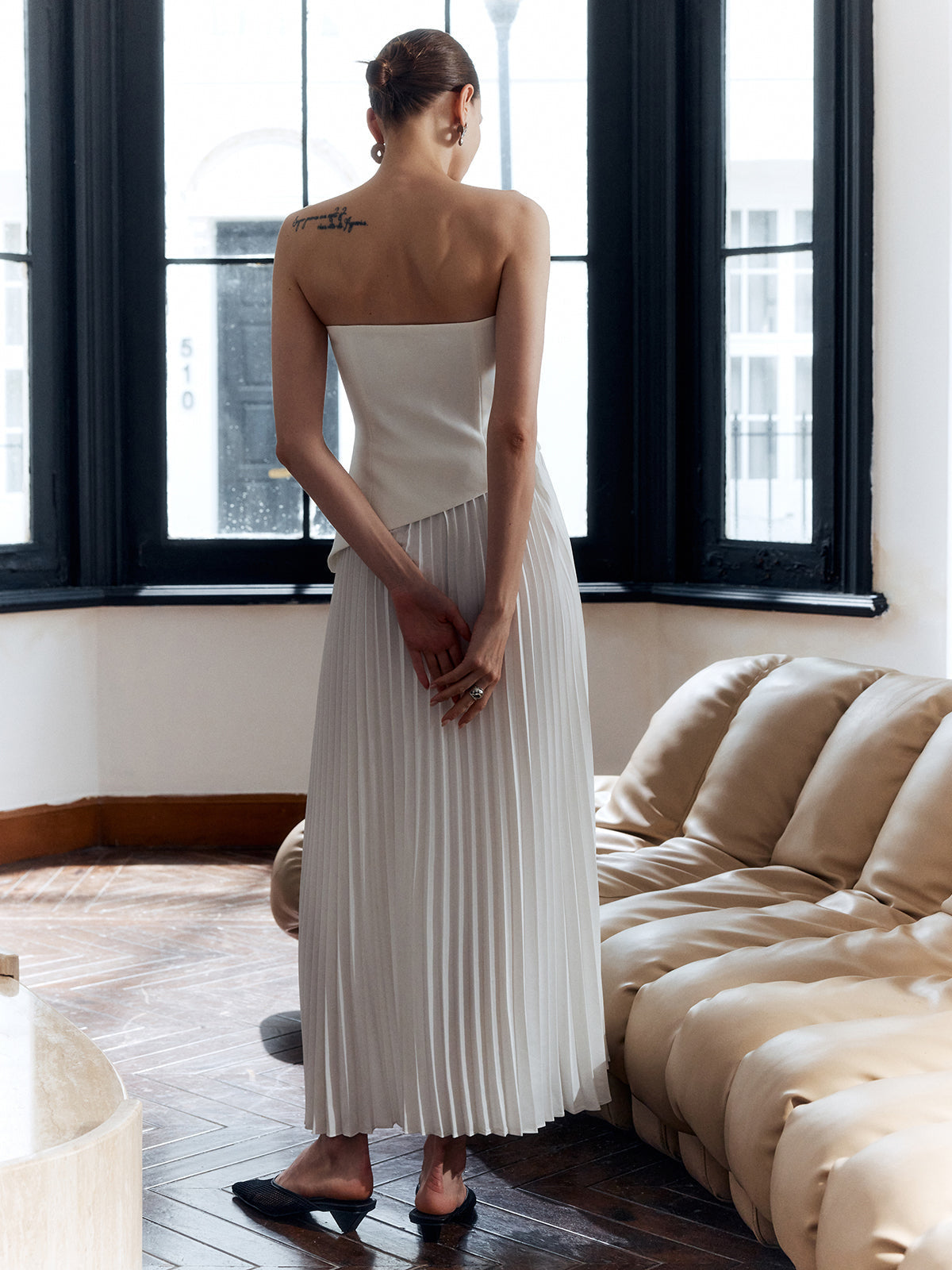Womens Maxi Dress with Strapless Bodice, Pleated Skirt and Side Split