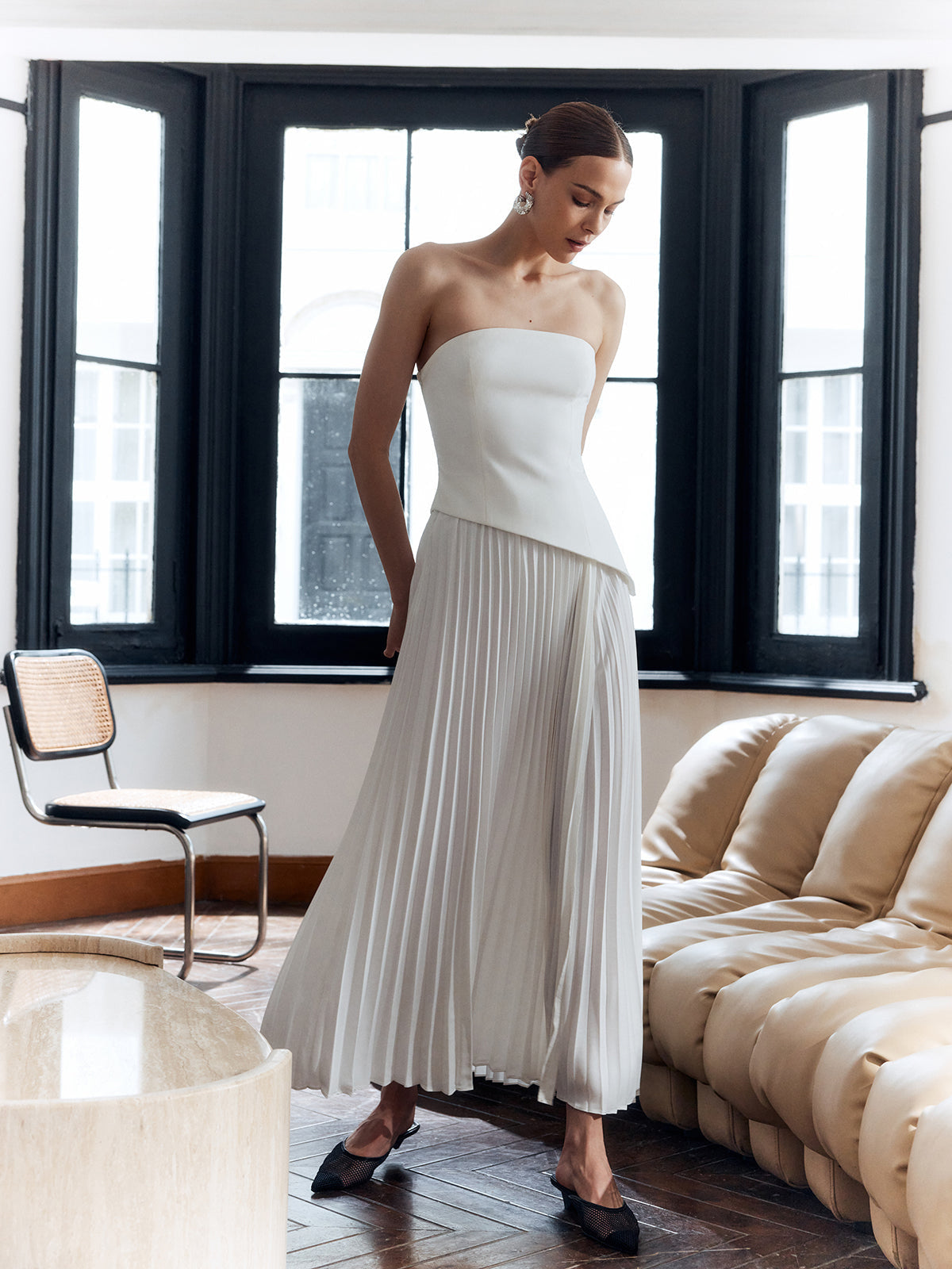 Womens Maxi Dress with Strapless Bodice, Pleated Skirt and Side Split