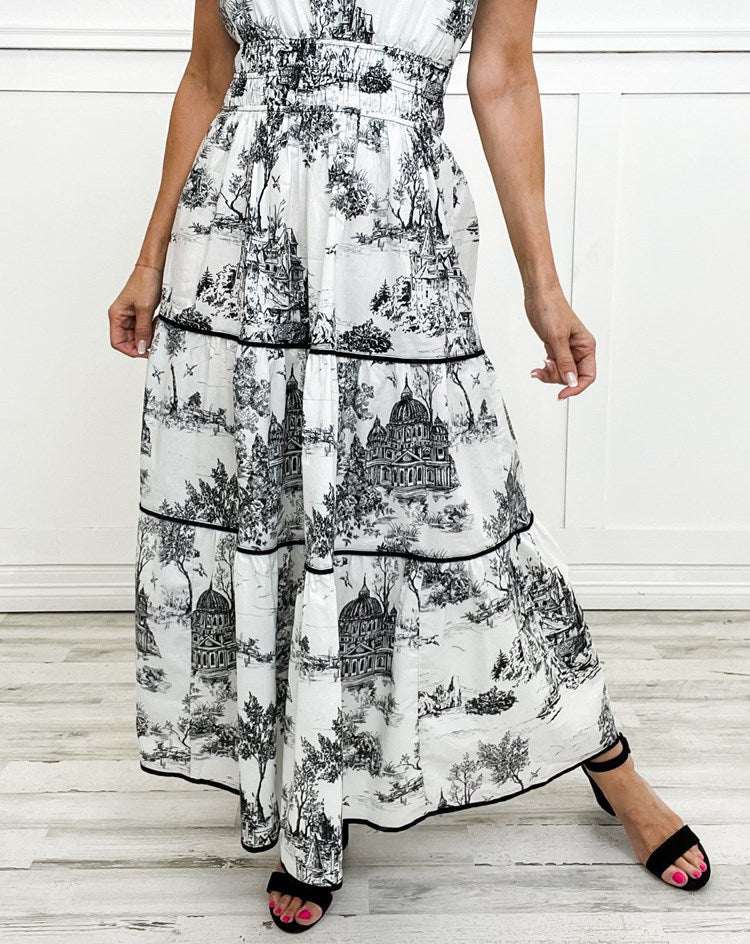 Womens Maxi Dress with Toile Print, Smocked Waist and Puff Sleeves