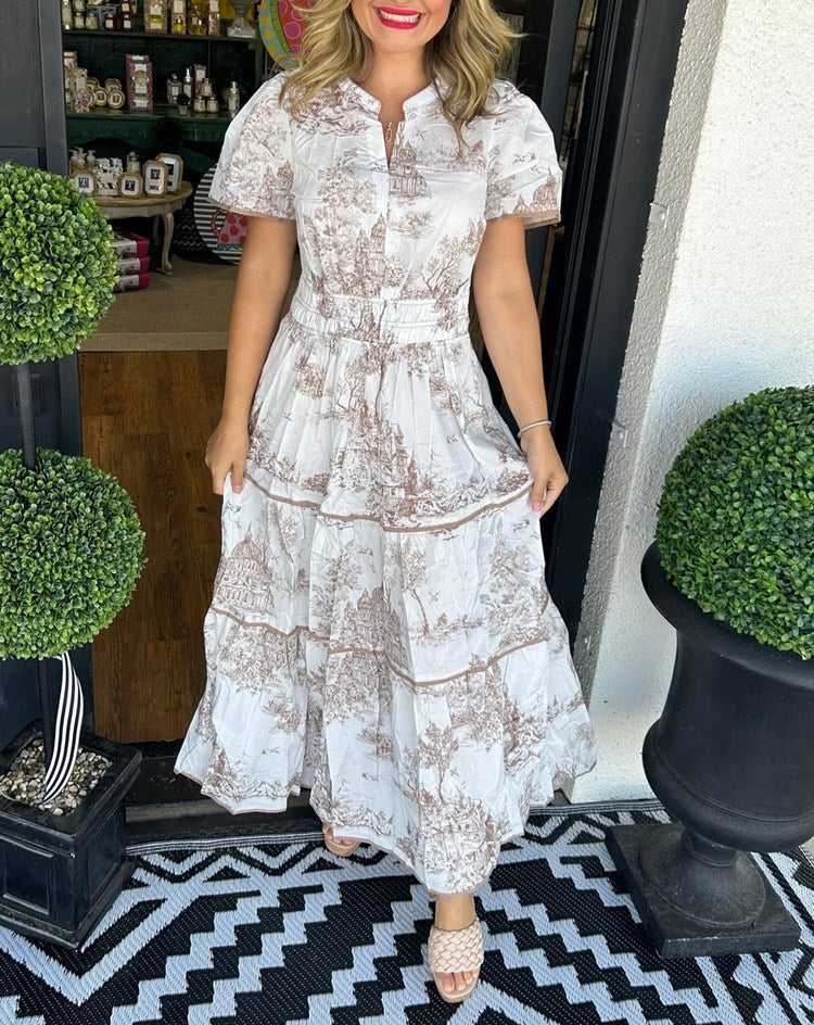 Womens Maxi Dress with Toile Print, Smocked Waist and Puff Sleeves