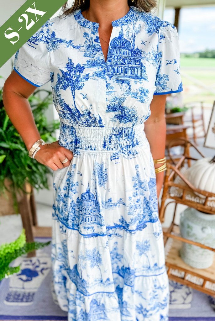 Womens Maxi Dress with Toile Print, Smocked Waist and Puff Sleeves