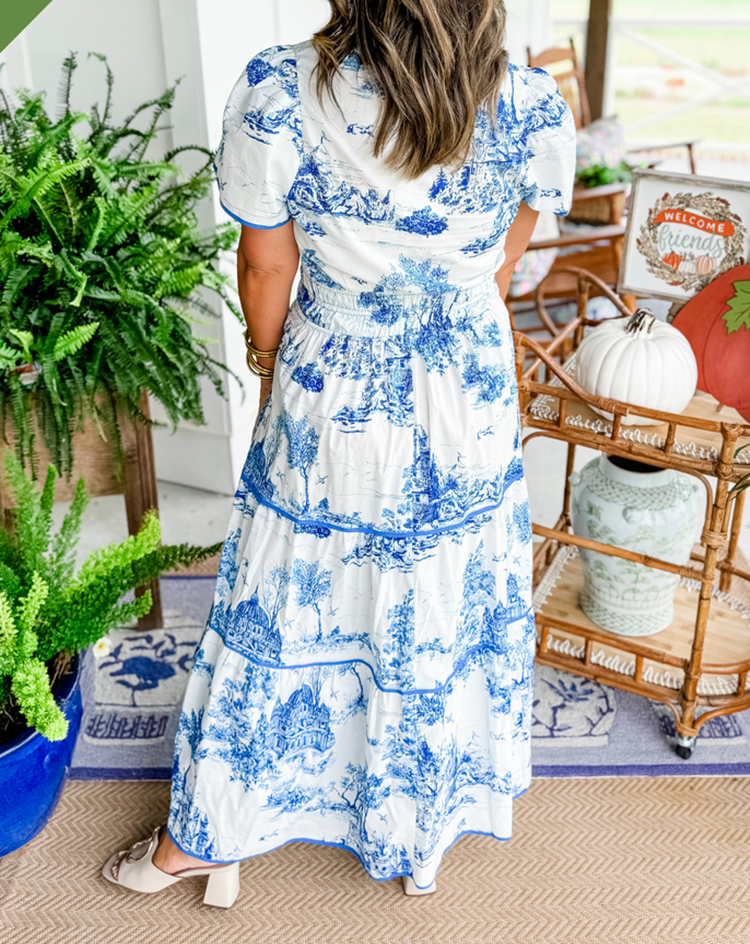 Womens Maxi Dress with Toile Print, Smocked Waist and Puff Sleeves