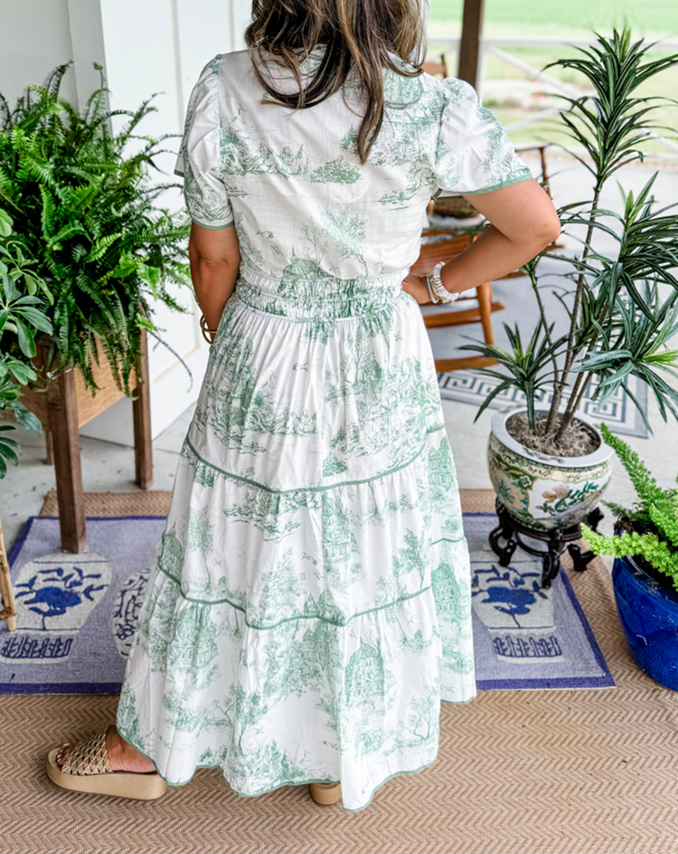 Womens Maxi Dress with Toile Print, Smocked Waist and Puff Sleeves
