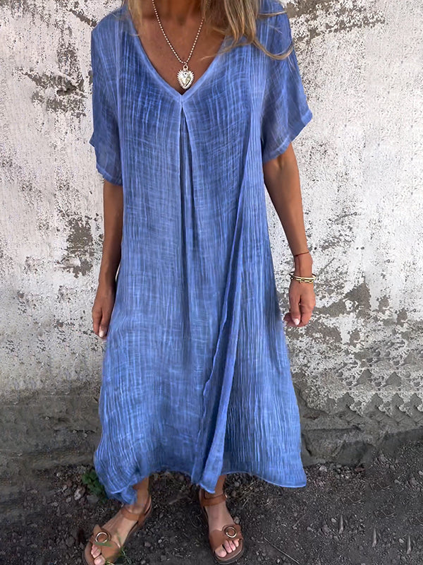 Womens Maxi Dress with V-Neck, Front Pleat and Asymmetric Hem