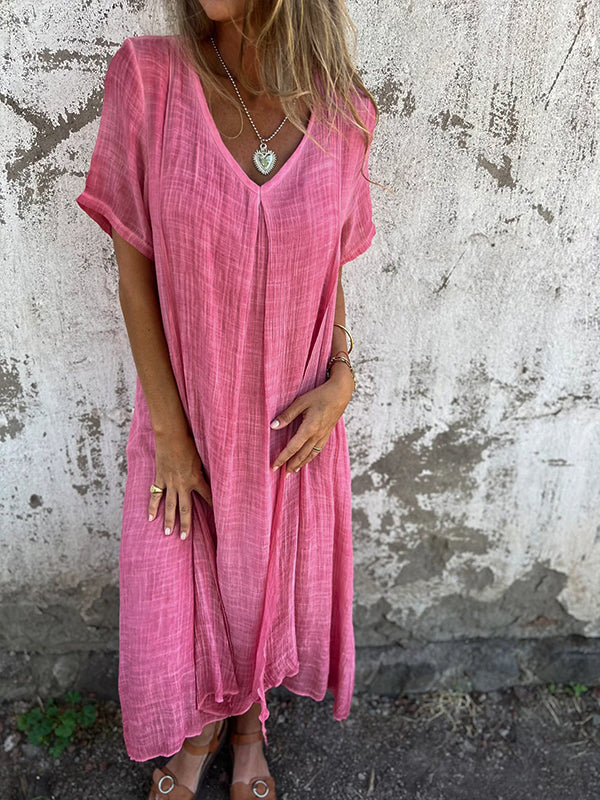 Womens Maxi Dress with V-Neck, Front Pleat and Asymmetric Hem