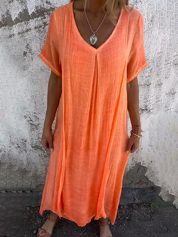 Womens Maxi Dress with V-Neck, Front Pleat and Asymmetric Hem