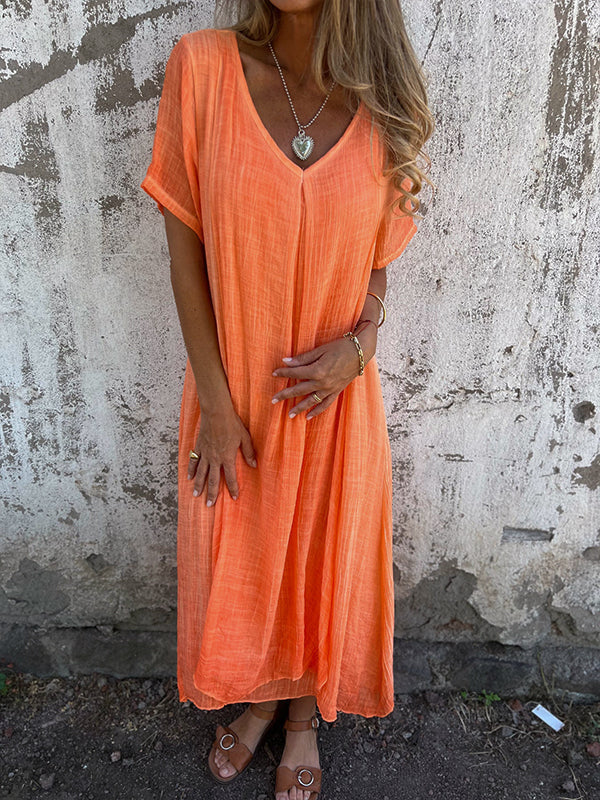 Womens Maxi Dress with V-Neck, Front Pleat and Asymmetric Hem