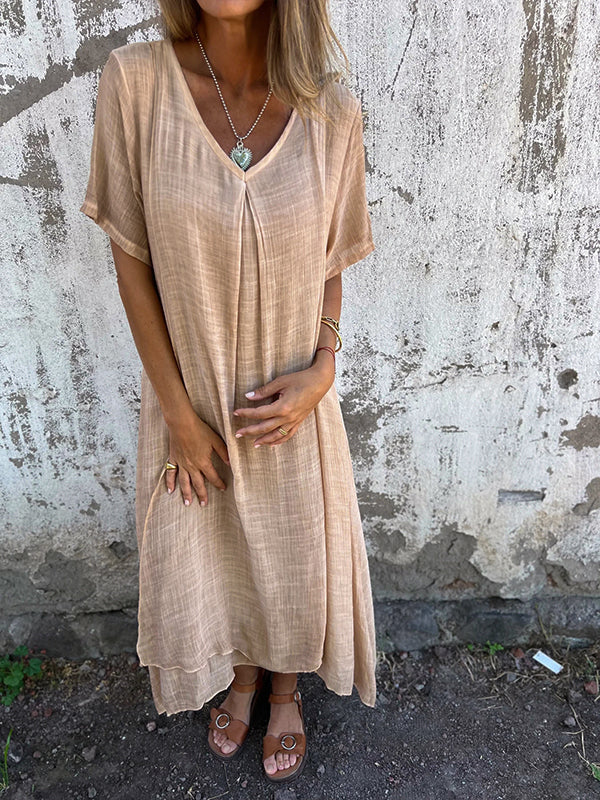 Womens Maxi Dress with V-Neck, Front Pleat and Asymmetric Hem