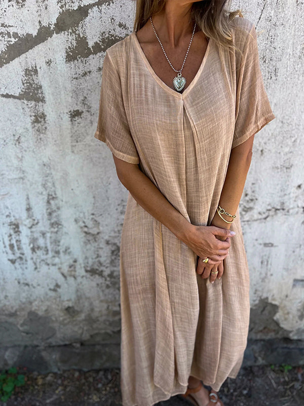 Womens Maxi Dress with V-Neck, Front Pleat and Asymmetric Hem