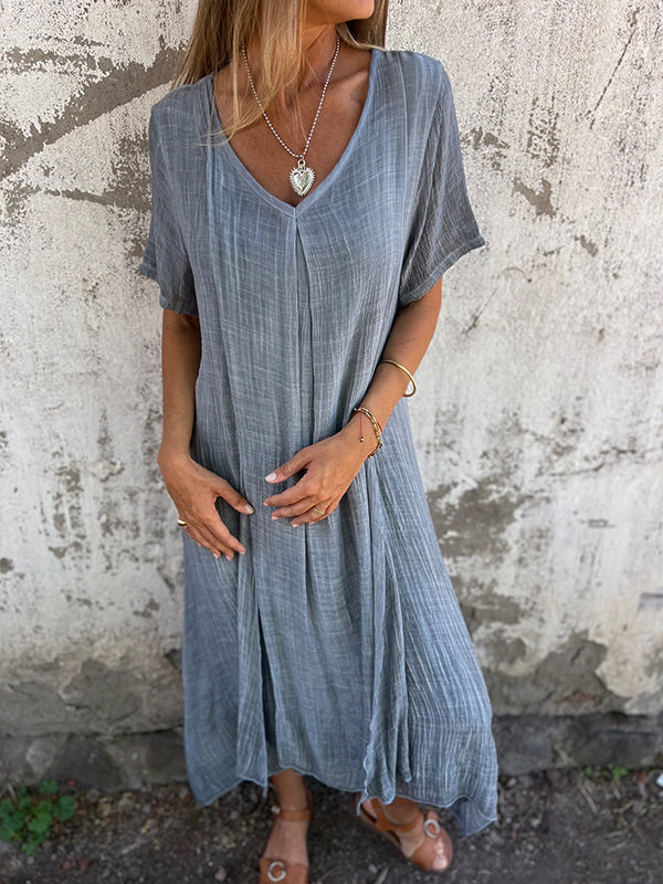 Womens Maxi Dress with V-Neck, Front Pleat and Asymmetric Hem
