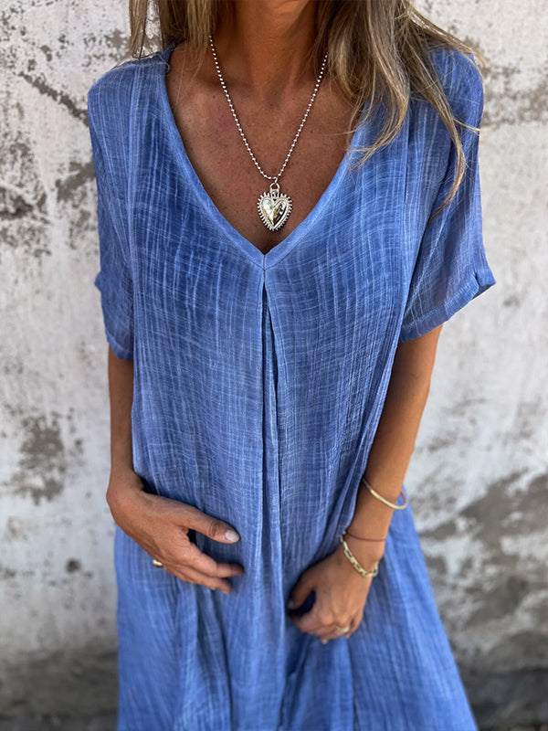 Womens Maxi Dress with V-Neck, Front Pleat and Asymmetric Hem