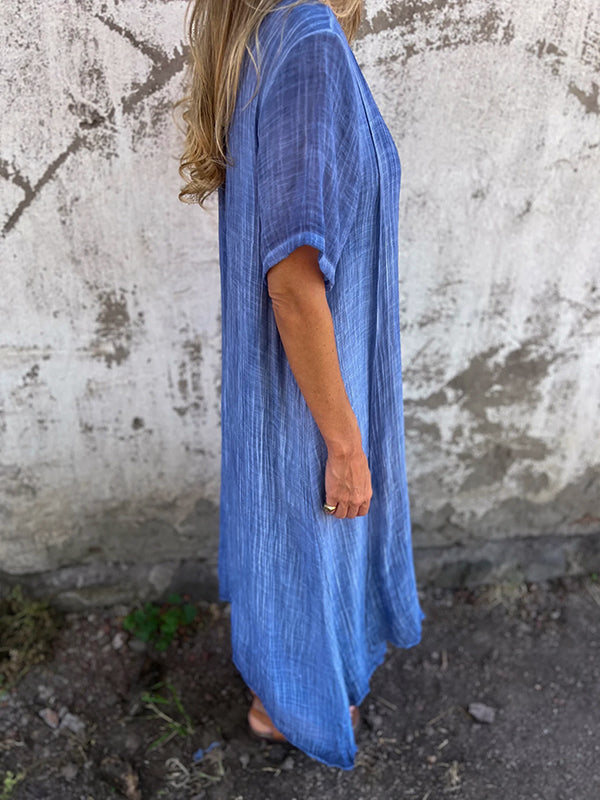Womens Maxi Dress with V-Neck, Front Pleat and Asymmetric Hem