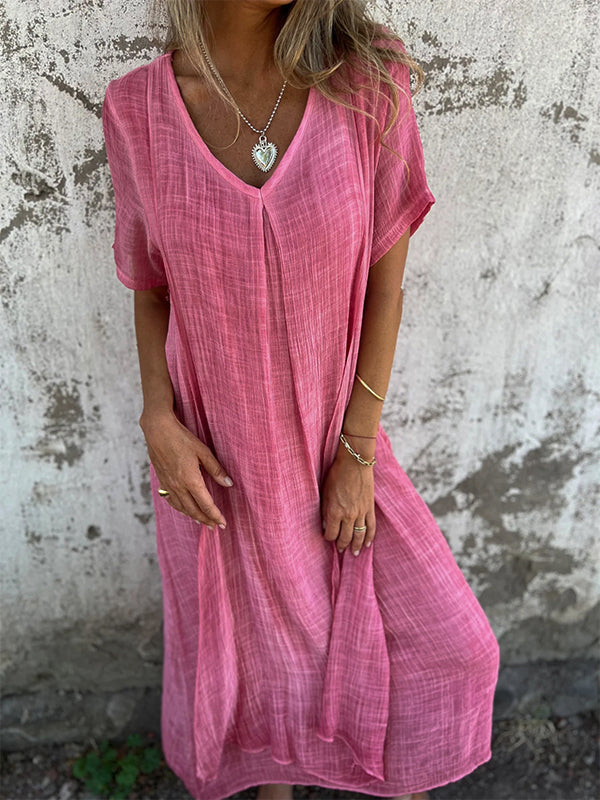 Womens Maxi Dress with V-Neck, Front Pleat and Asymmetric Hem