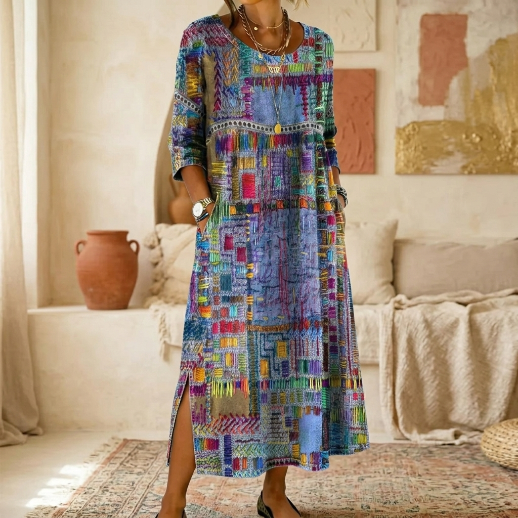 Womens Midi Dress with Boho Patchwork Print and Deep Side Pockets