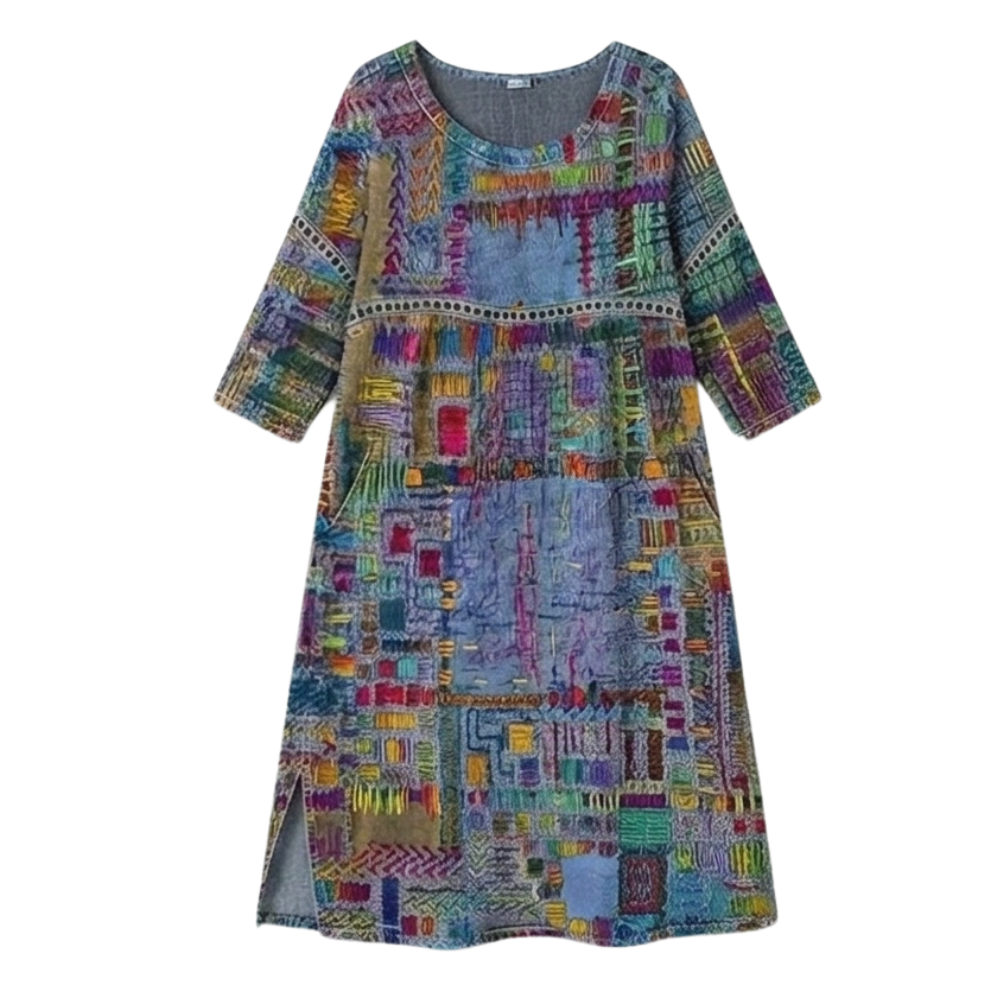 Womens Midi Dress with Boho Patchwork Print and Deep Side Pockets