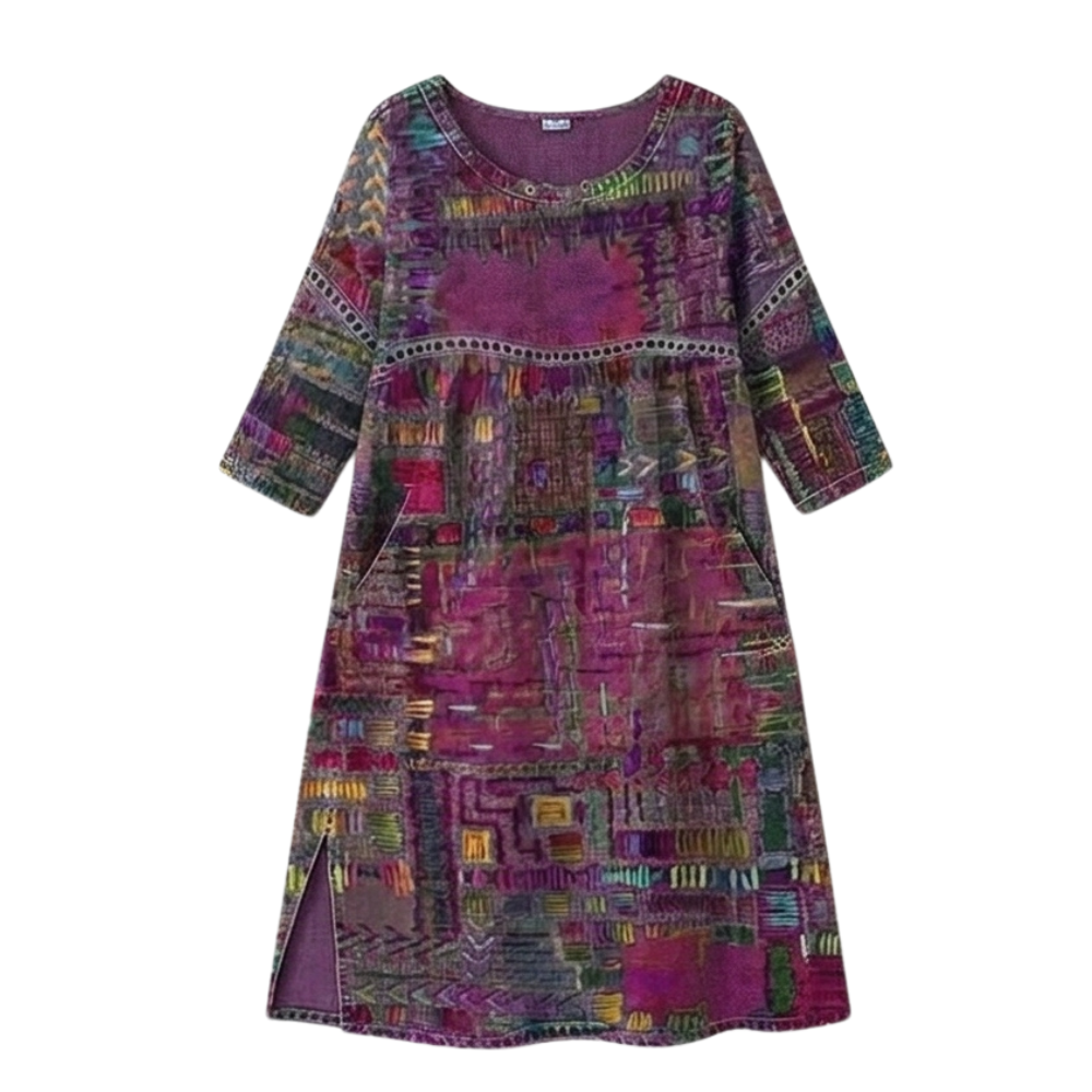Womens Midi Dress with Boho Patchwork Print and Deep Side Pockets