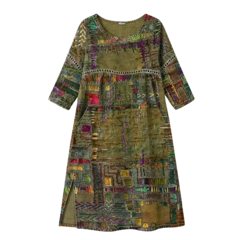 Womens Midi Dress with Boho Patchwork Print and Deep Side Pockets