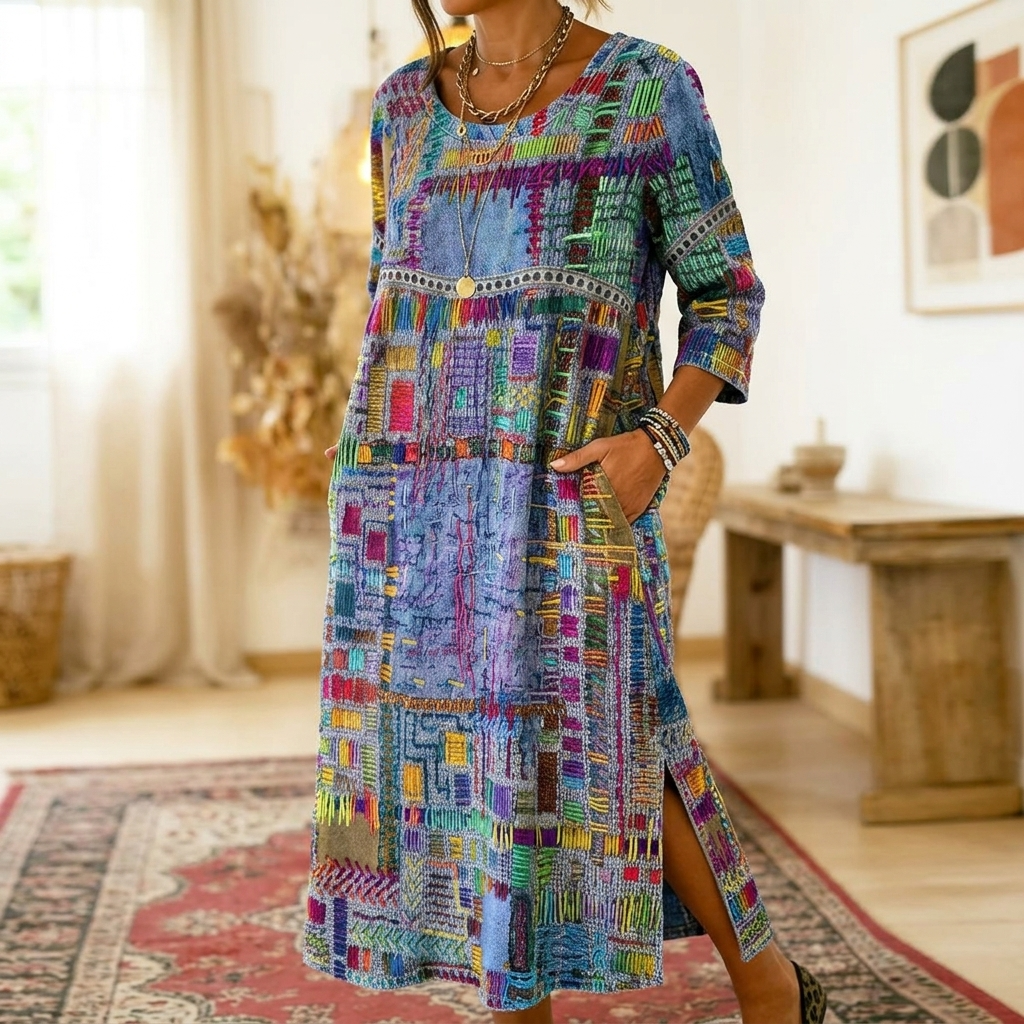 Womens Midi Dress with Boho Patchwork Print and Deep Side Pockets