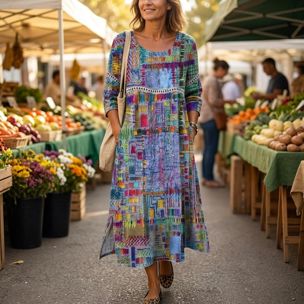 Womens Midi Dress with Boho Patchwork Print and Deep Side Pockets