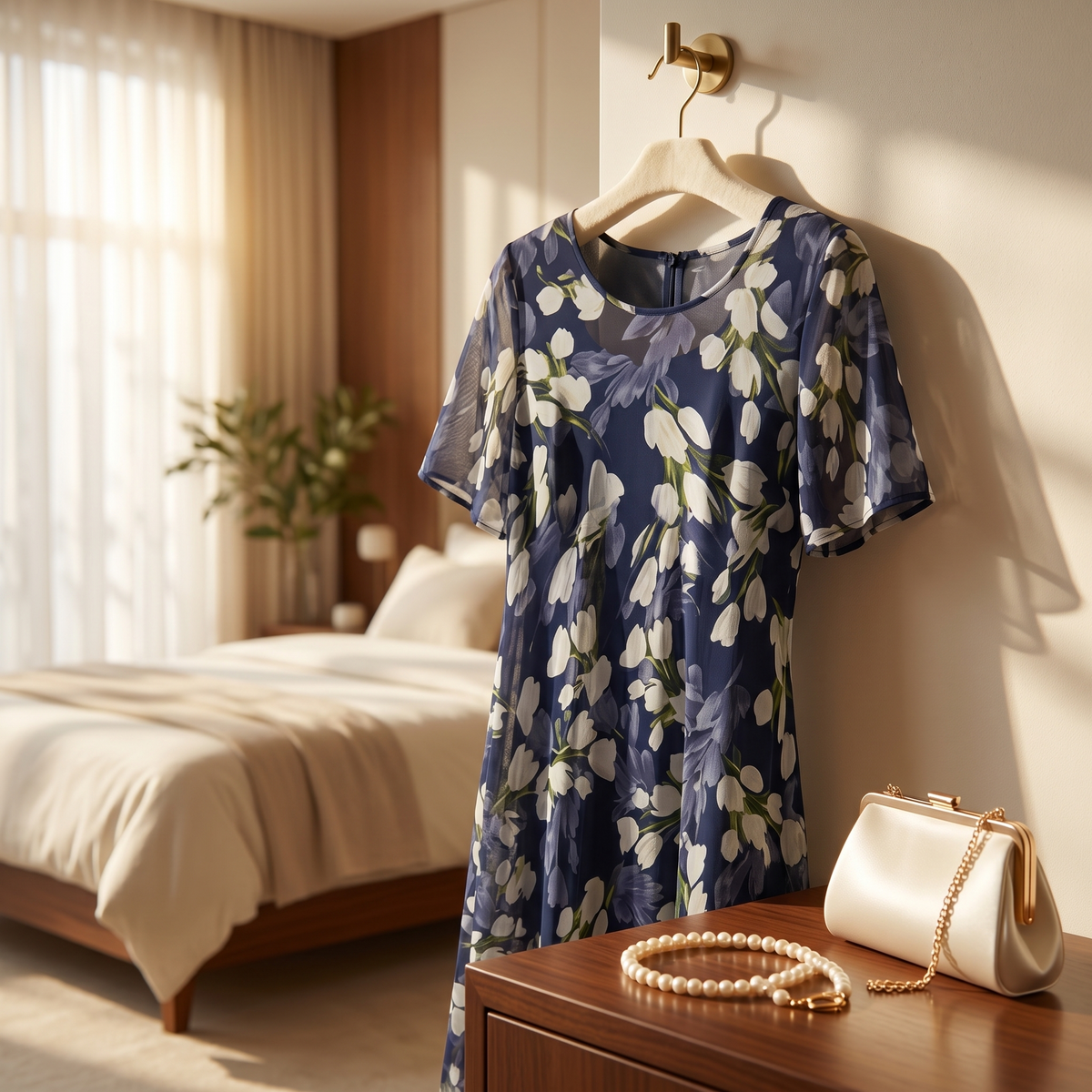 Womens Midi Dress with Floral Print and Chiffon-Look Sheer Sleeves