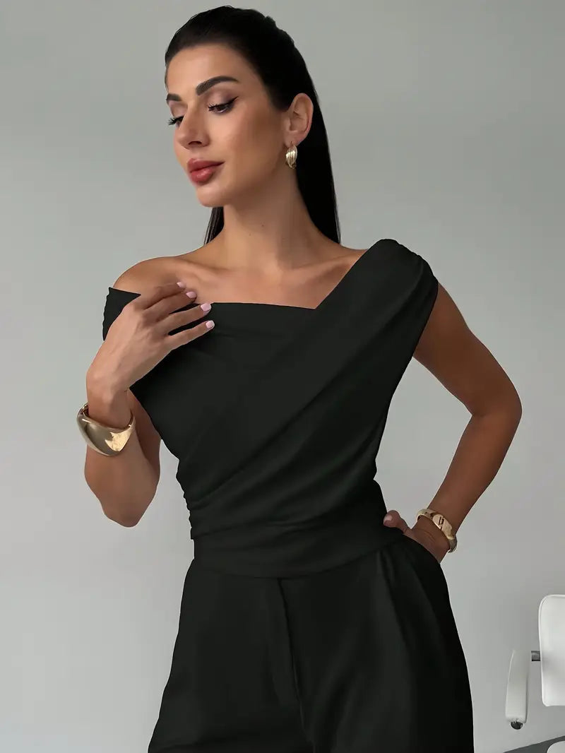 Womens Going Out Top with Draped Neckline in Polyester Blend