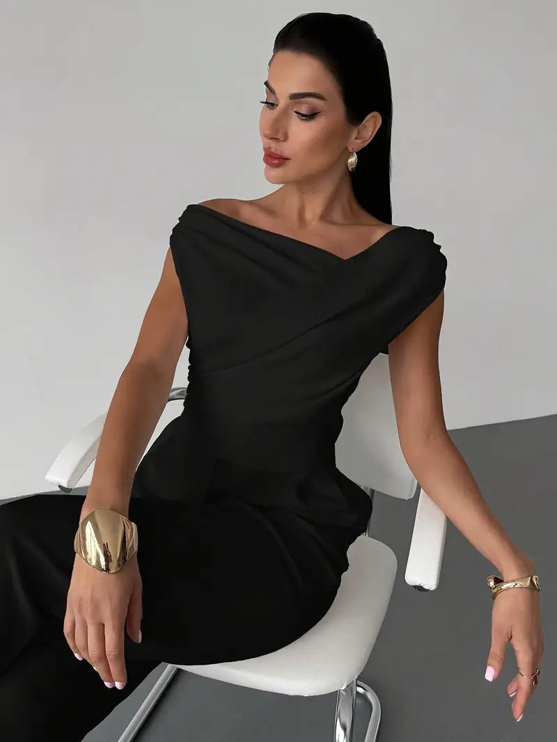 Womens Going Out Top with Draped Neckline in Polyester Blend