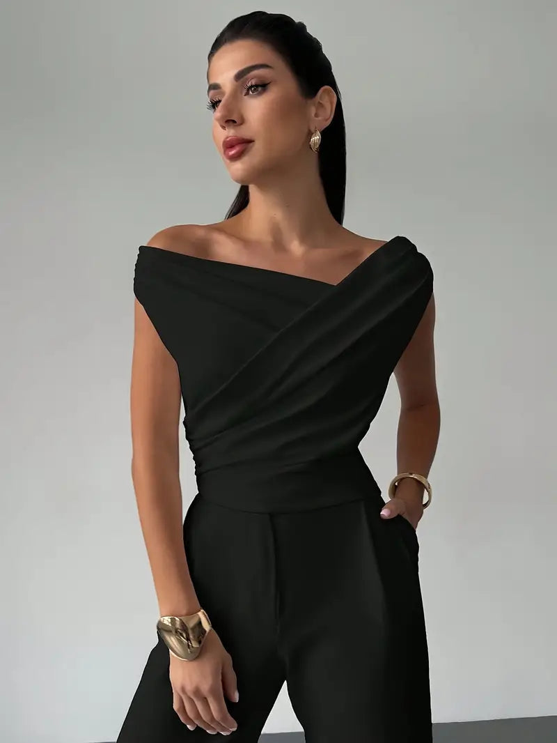 Womens Going Out Top with Draped Neckline in Polyester Blend