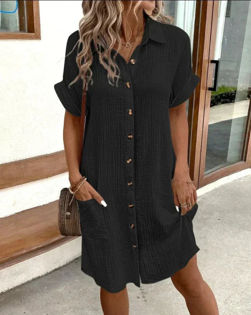 Womens Shirt Dress with Patch Pockets and a Crinkled Muslin Look