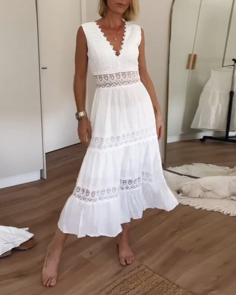 Womens Tank Dress with V-Neck and Lace Trim in Cotton Blend