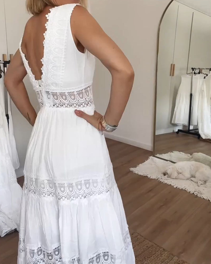 Womens Tank Dress with V-Neck and Lace Trim in Cotton Blend