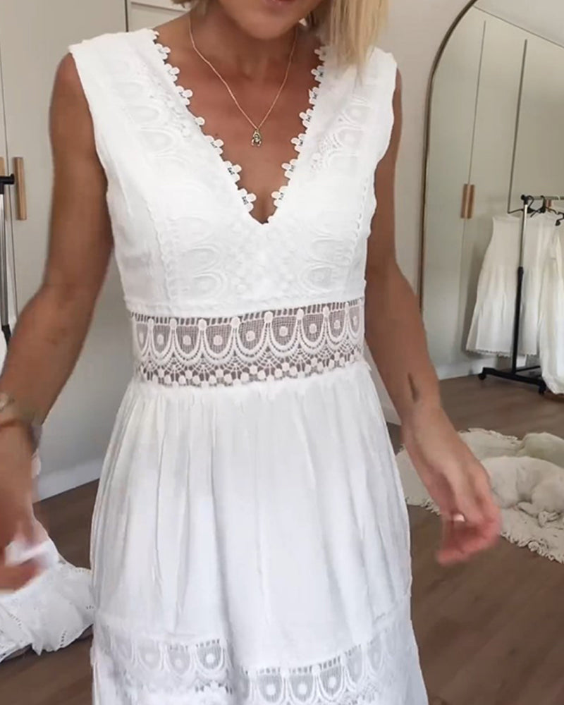 Womens Tank Dress with V-Neck and Lace Trim in Cotton Blend